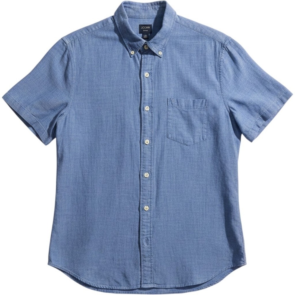 J.Crew Flex Blue Chambray Short Sleeve Button Down Shirt - Large 16-16.5"